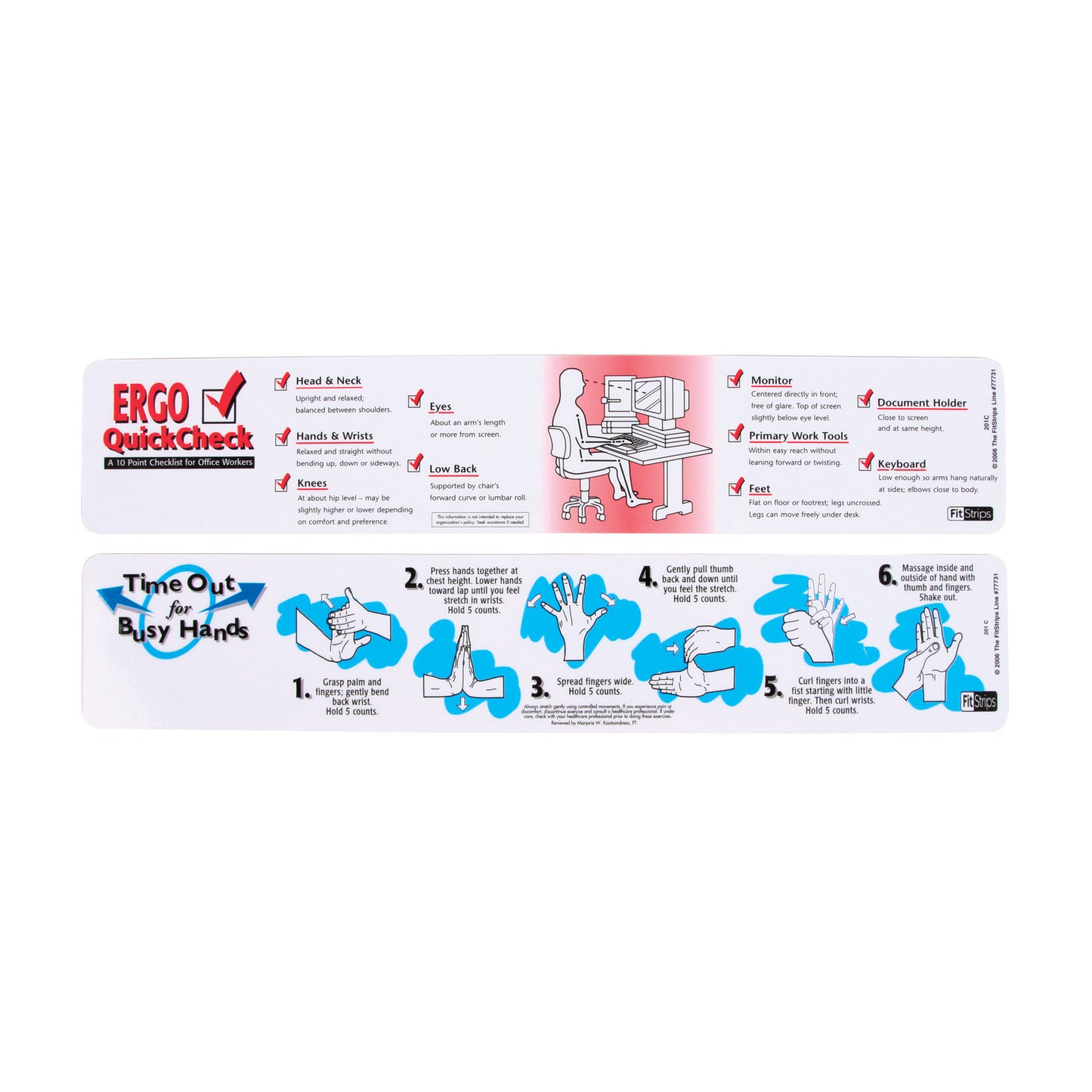 "Ergo Fit Strip for Keyboards showing ergonomic tips for office workers and hand exercises with illustrated instructions."