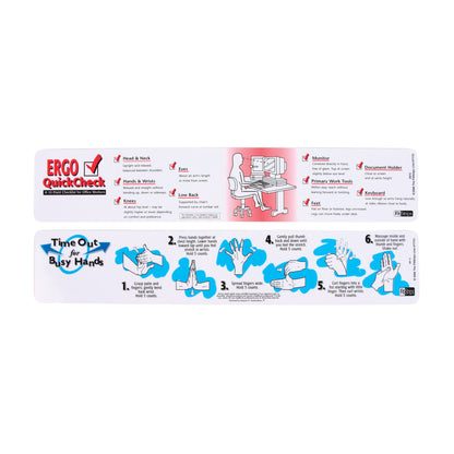 "Ergo Fit Strip for Keyboards showing ergonomic tips for office workers and hand exercises with illustrated instructions."
