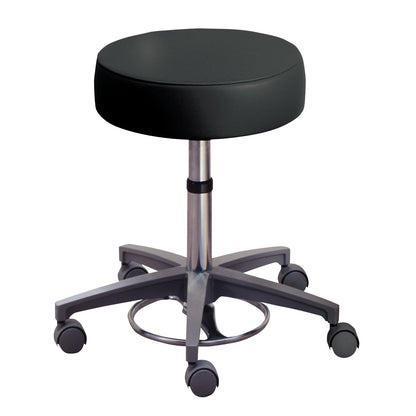 AliMed Foot-Operated Adjustable Stool with Safe-Brake Casters, featuring a round black cushioned seat and a silver five-wheel base.