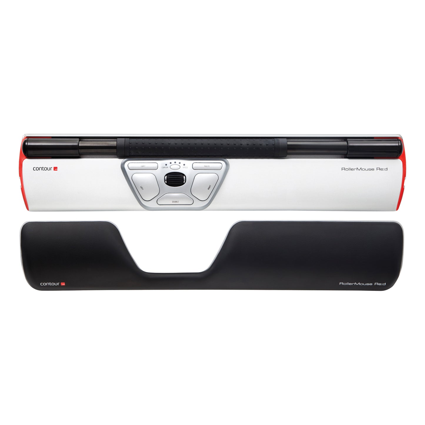 Contour RollerMouse Red with a white body, central control buttons, and a black wrist pad below for ergonomic computer use.