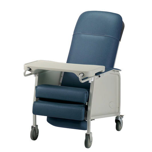 Invacare Traditional Geri-Chair in blue features an adjustable reclining back, leg support, mobile castors, and an attached tray.