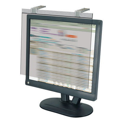 A computer monitor is fitted with a Kantek LCD Protect Privacy Anti-Glare Filter, obscuring and blurring the screen's contents.