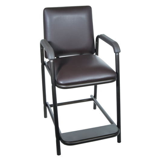 Drive Medical Hip-High Chair with padded seat, backrest, and armrests in dark brown. It features a footrest and sturdy frame.