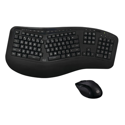 Adesso Wireless Ergonomic Keyboard and Laser Mouse set. The keyboard has a curved layout for comfort, with a matching mouse.