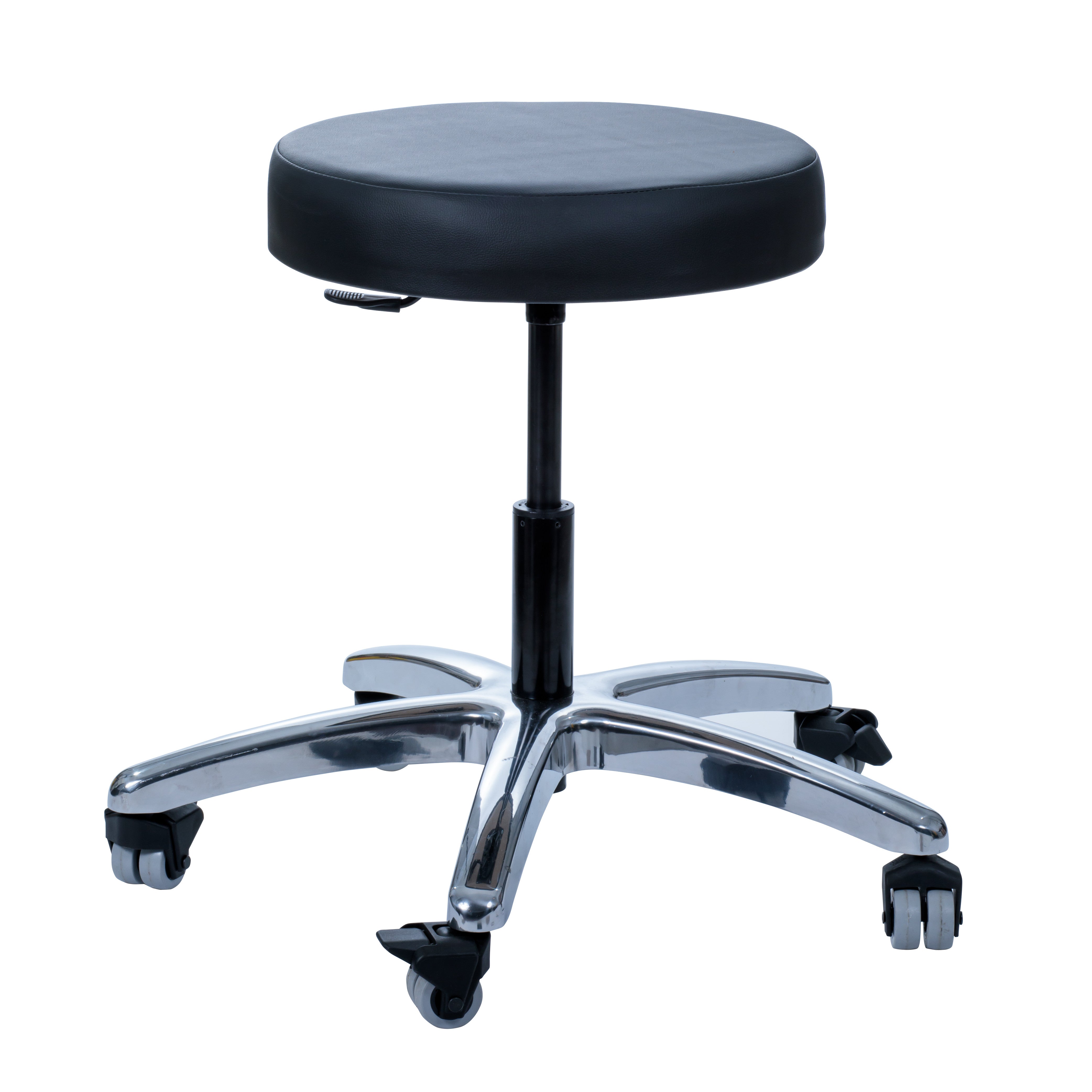 The Brandt Industries Heavy-Duty Exam Stool features a black round seat, adjustable height, chrome legs, and five caster wheels.