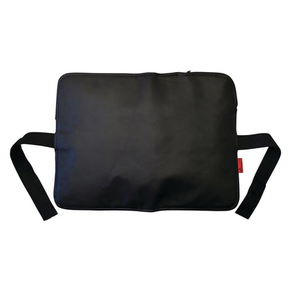 A black Back Vitalizer cushion with adjustable straps, designed for support and comfort, featuring a small red tag on the side.
