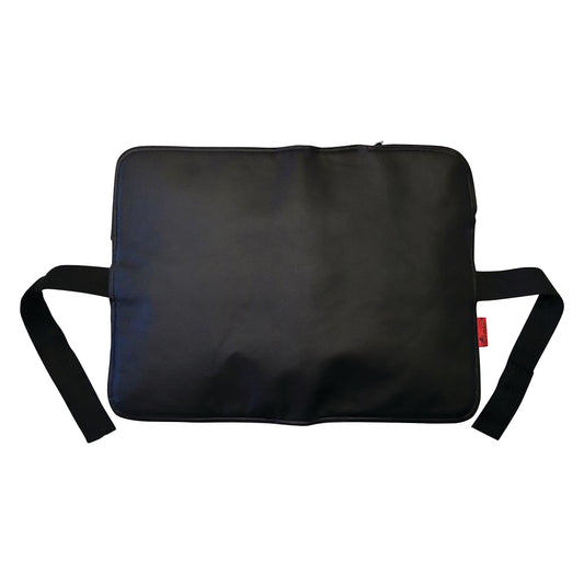 A black Back Vitalizer cushion with adjustable straps, designed for support and comfort, featuring a small red tag on the side.