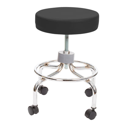 AliMed Utility Stool with Safe-Brake Casters features a black round seat, chrome frame, and wheels for mobility.