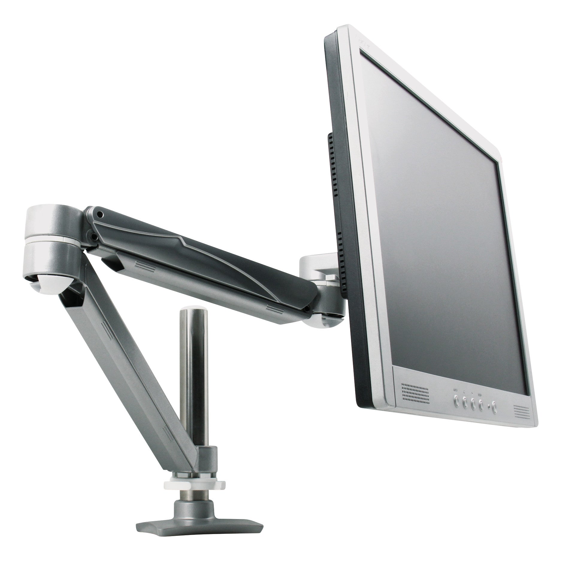 The VersaTech Monitor Arm supports a flat-screen monitor, displaying its flexibility and adjustable height positioning.