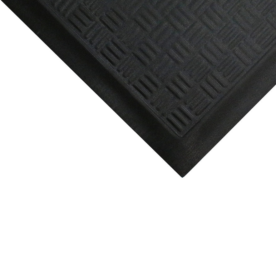 Black Cushion Station Anti-Fatigue Mat with a textured, rectangular pattern on the surface and a beveled edge for safety.