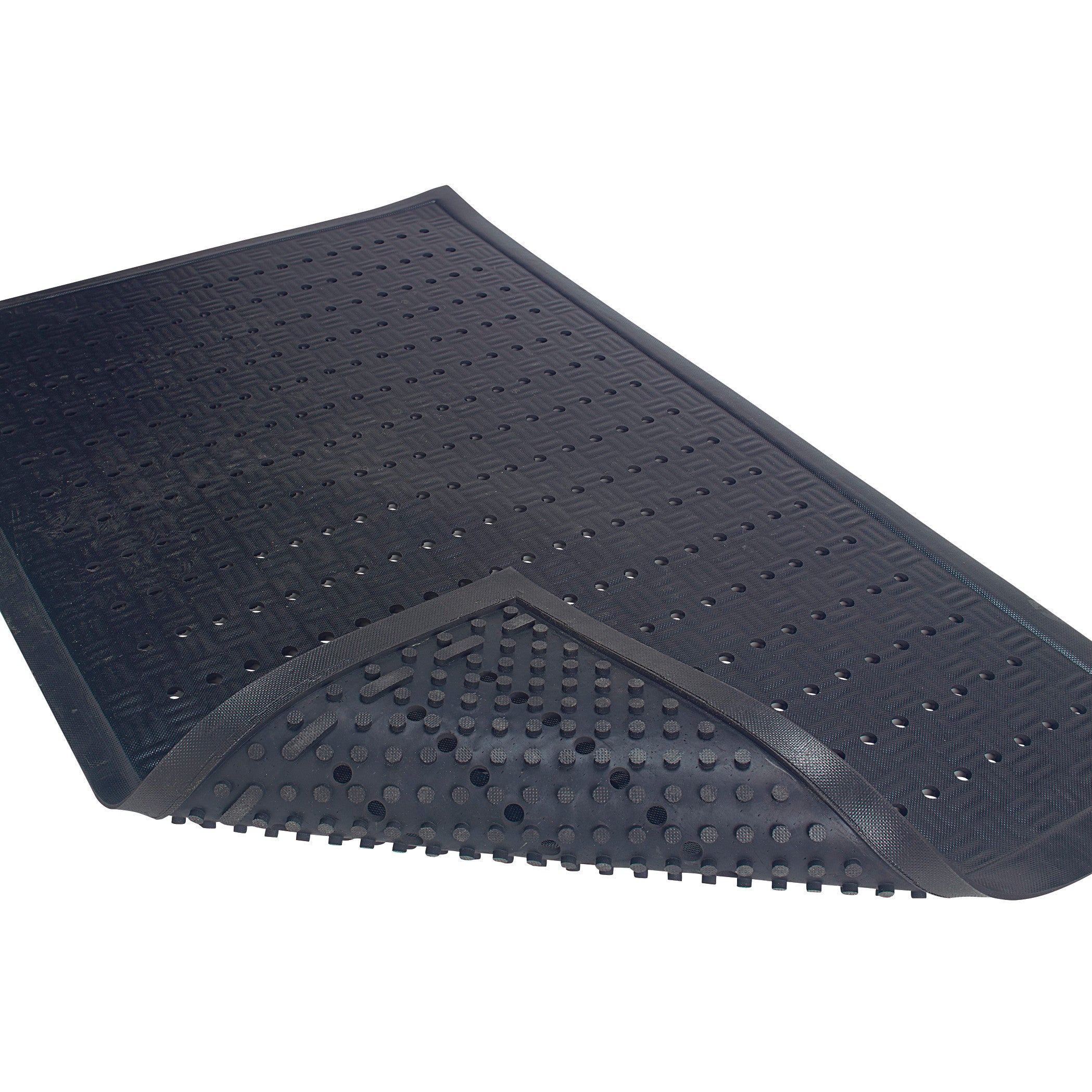 Cushion Station Anti-Fatigue Mat with a textured surface and perforations, featuring a corner flipped to show its back.