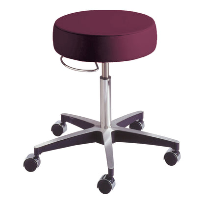 AliMed Deluxe Pneumatic Stool with a burgundy round seat, adjustable height, and a chrome base with five caster wheels.