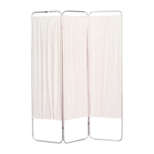 Brandt Nonmagnetic Folding Privacy Screen with three panels, featuring a white fabric held in a silver metal frame.