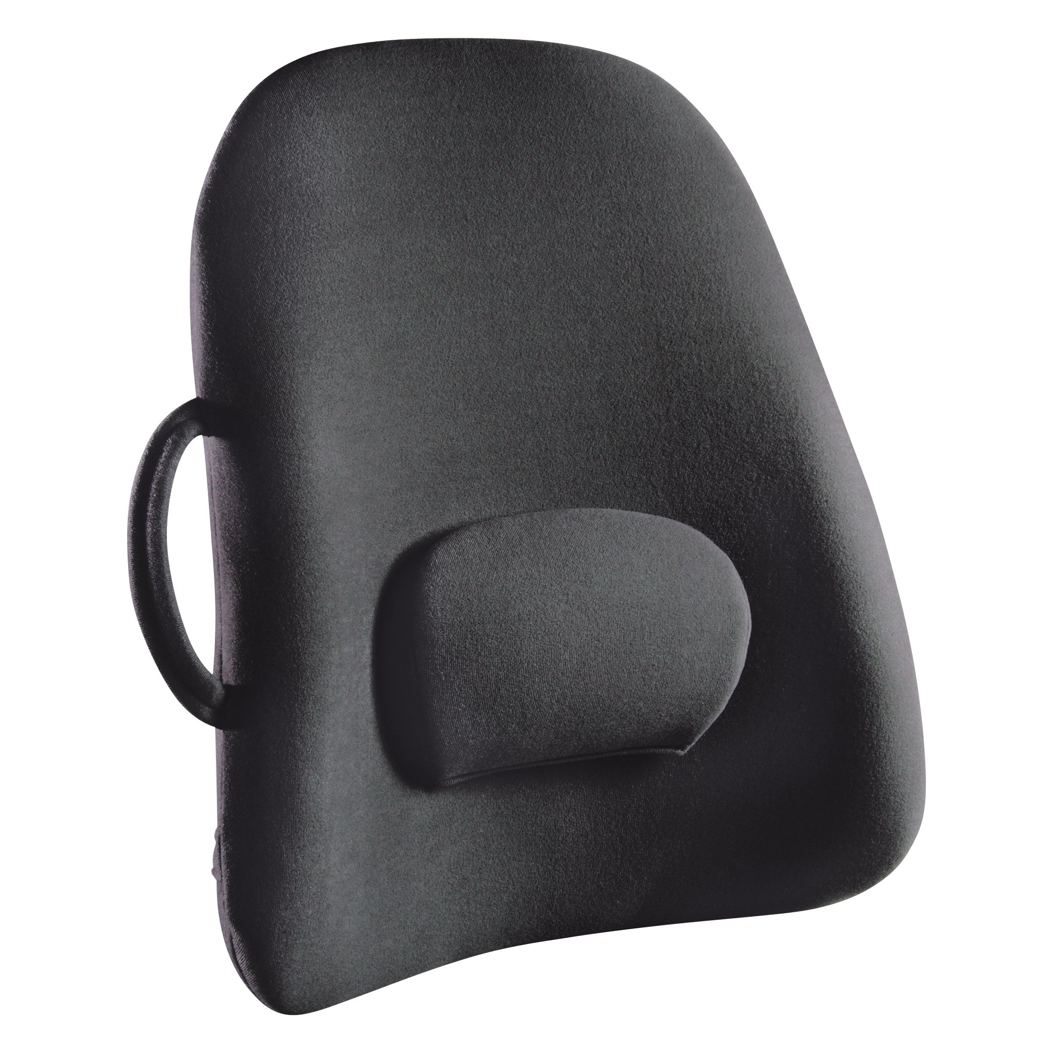 ObusForme LowBack Backrest Support in black, featuring an ergonomic design with an adjustable lumbar pad and a side handle.
