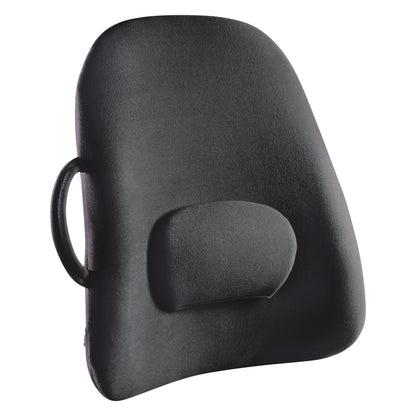 ObusForme LowBack Backrest Support in black, featuring an ergonomic design with an adjustable lumbar pad and a side handle.