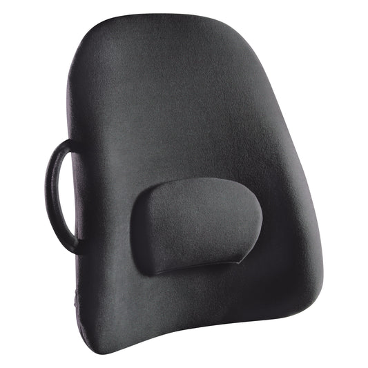 ObusForme LowBack Backrest Support in black, featuring an ergonomic design with an adjustable lumbar pad and a side handle.
