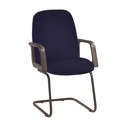 Paramount Side Chair featuring a navy upholstered seat and backrest with gray metal arms and a cantilever base.