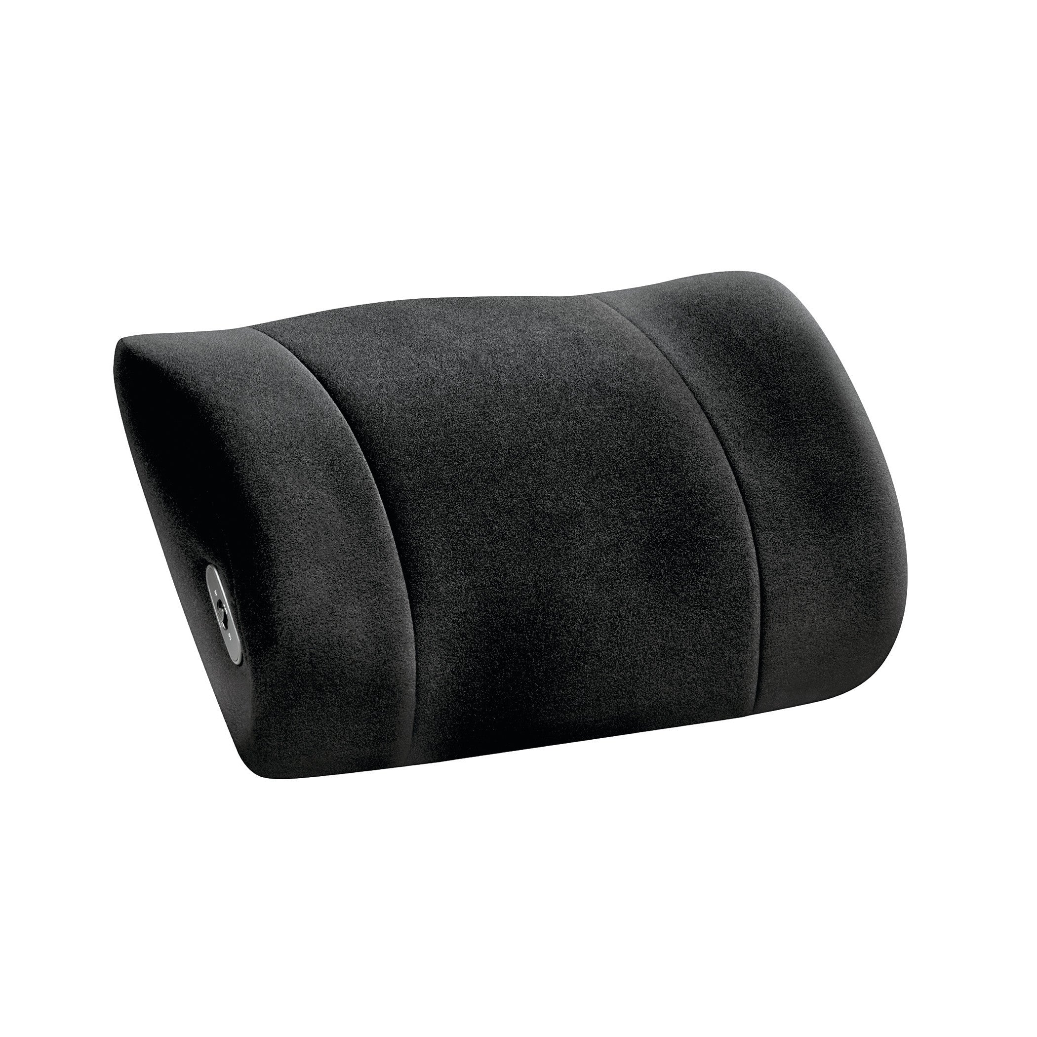 The ObusForme Side-to-Side Lumbar Cushion features a contoured black design for ergonomic back support.