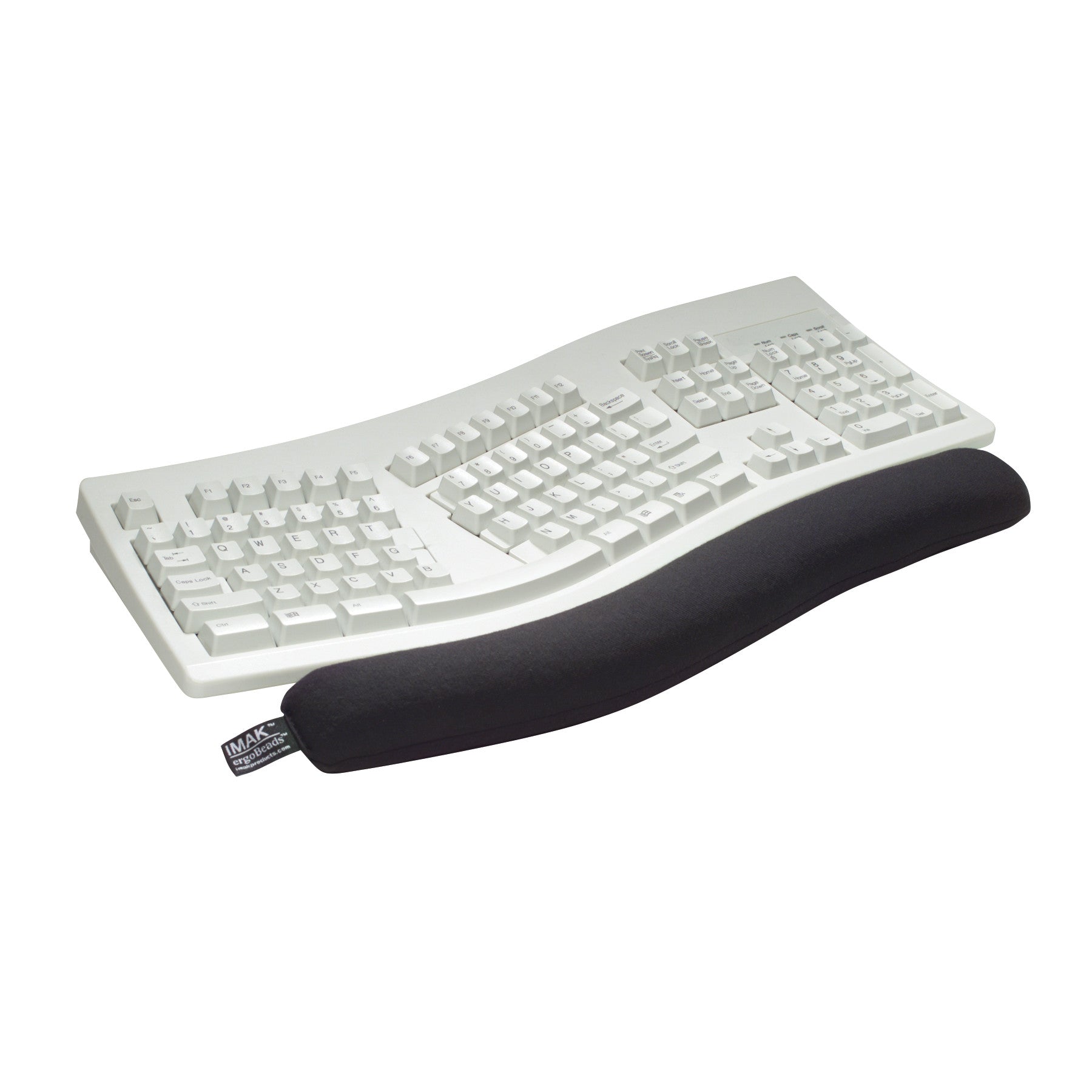 A white ergonomic keyboard with a wavy design is paired with a Brownmed IMAK ergoBeads Keyboard Wrist Cushion in black.