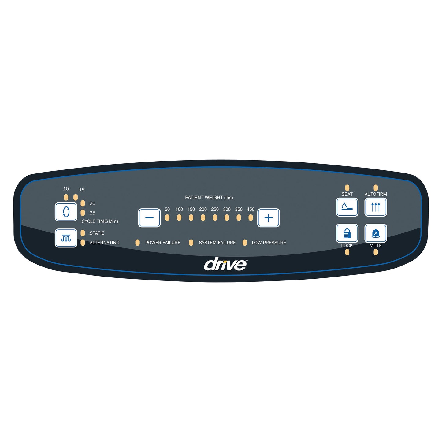 Control panel for the Drive Medical Med-Aire Plus 8" Alternating Pressure and Low Air-Loss Mattress System, showing weight settings and alerts.