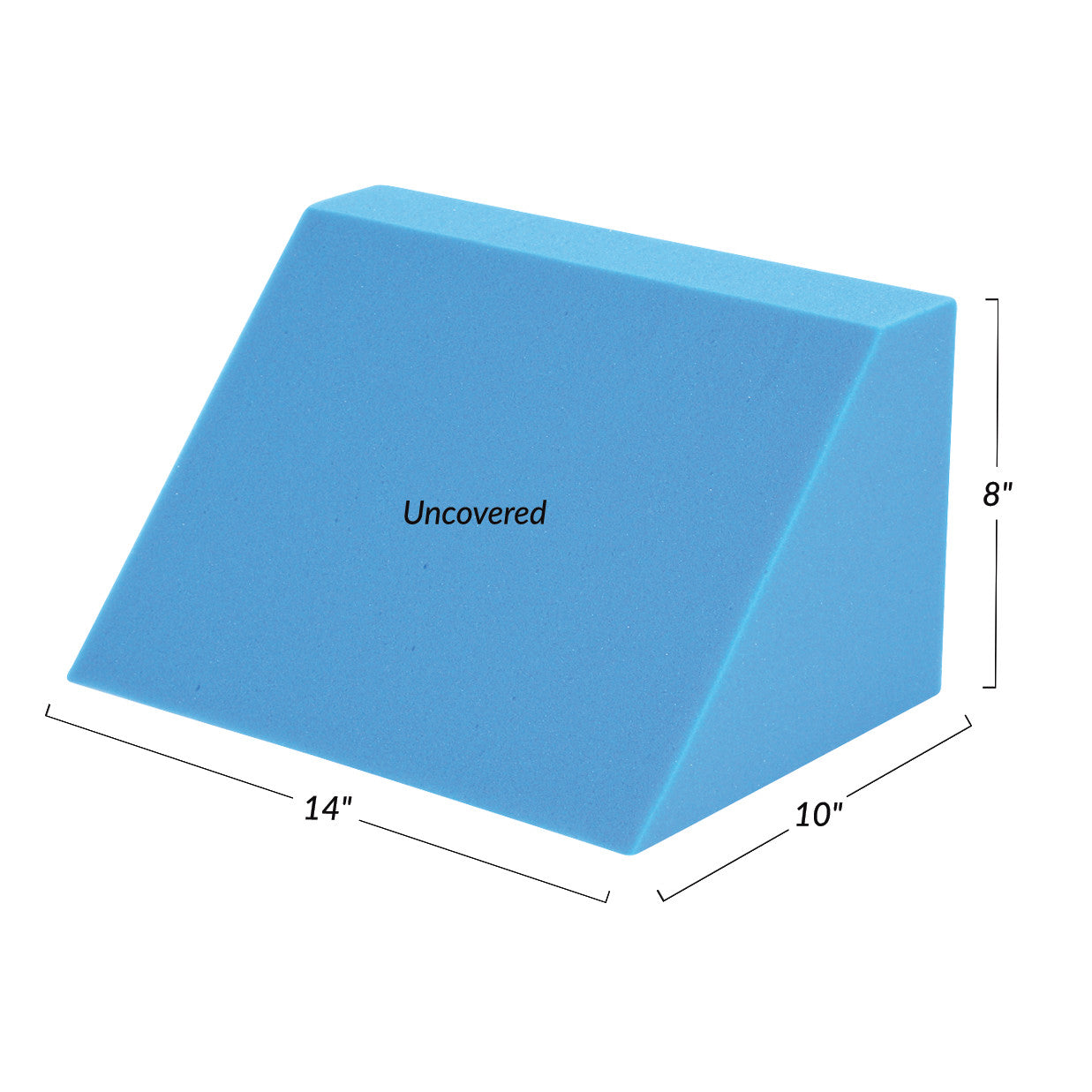 The AliMed Uncovered Body Positioning Wedge is blue and trapezoidal, measuring 14" x 10" x 8", as labeled on its surface.