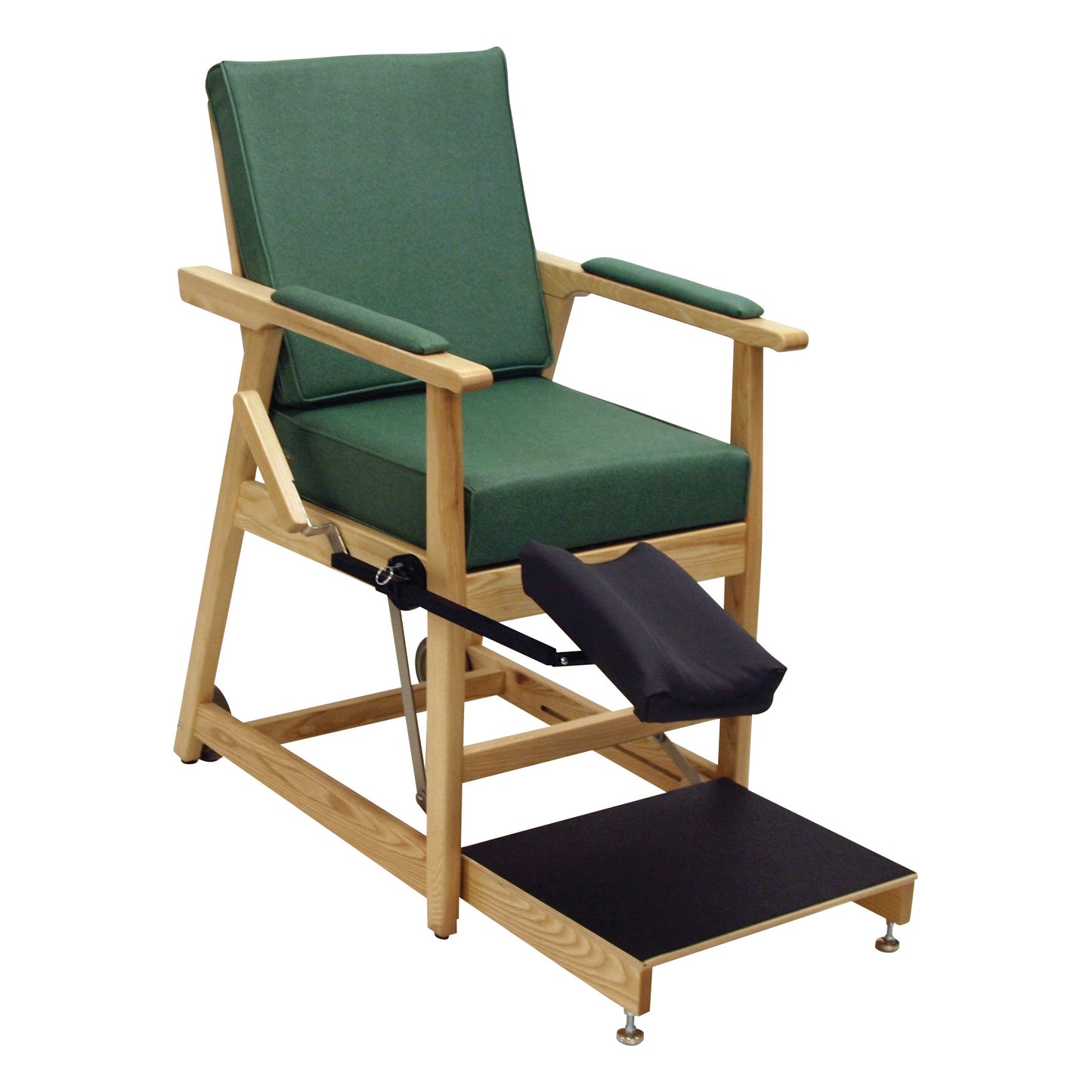 The EZ-UP Hip Chair is a wooden chair with a green cushion, footplate, and adjustable padded leg support for hip recovery.