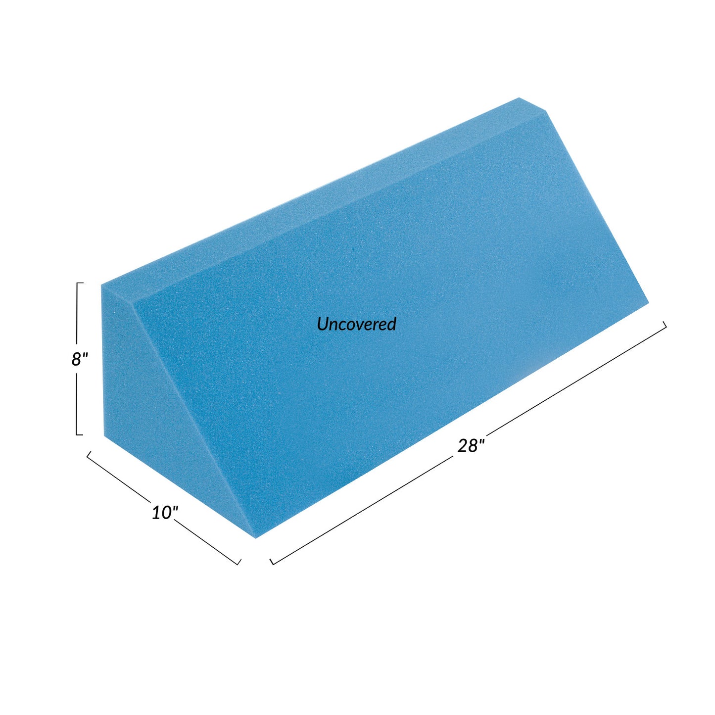 AliMed Uncovered Body Positioning Wedge, blue foam, trapezoid shape, dimensions labeled as 28"x10"x8".