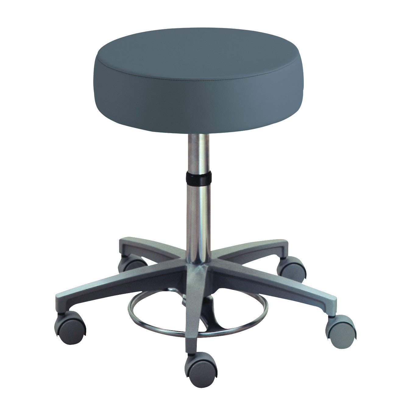 Brewer Foot-Operated Millenium Series Stool with a round cushioned seat, metal base, and five casters for mobility.
