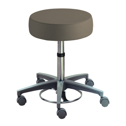 The Brewer Foot-Operated Millennium Series Stool features a round seat, adjustable height, and five wheels for mobility.