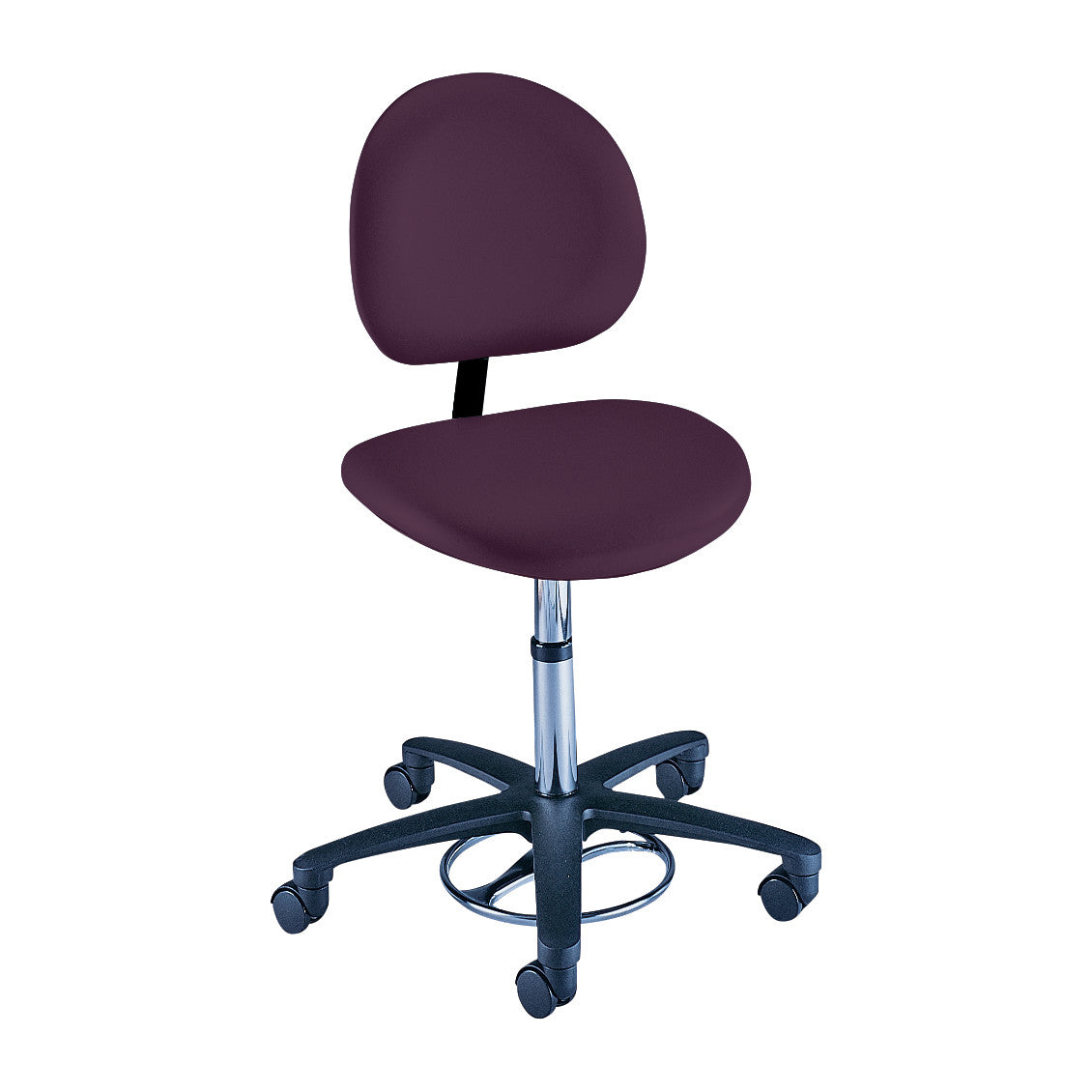 The Brewer Foot-Operated Millenium Series Stool with Backrest is a purple stool with a circular base and wheels.