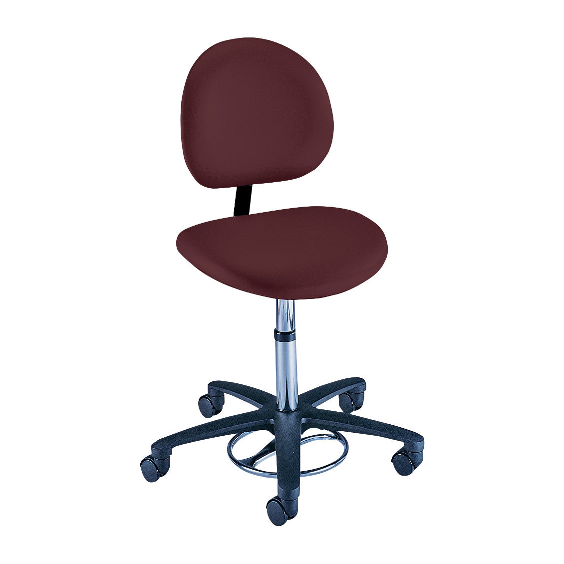 Brewer Foot-Operated Millenium Series Stool with Backrest, featuring a maroon cushioned seat and backrest, and a five-wheel base.