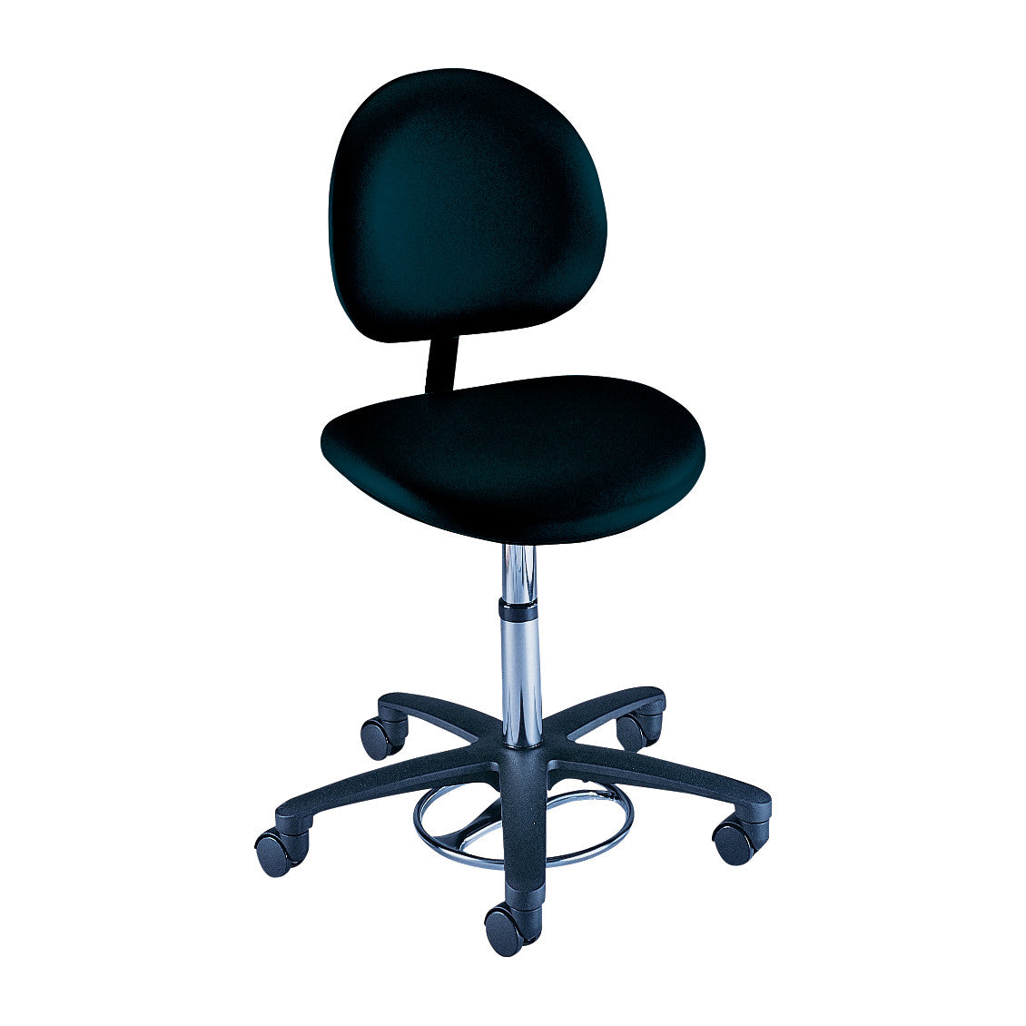 A Brewer Foot-Operated Millenium Series Stool with Backrest, featuring a black seat, backrest, and a five-wheel base for mobility.
