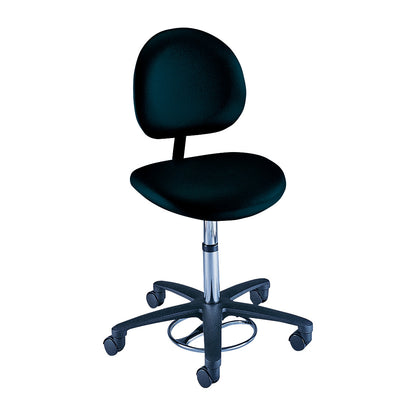 A Brewer Foot-Operated Millenium Series Stool with Backrest, featuring a black seat, backrest, and a five-wheel base for mobility.