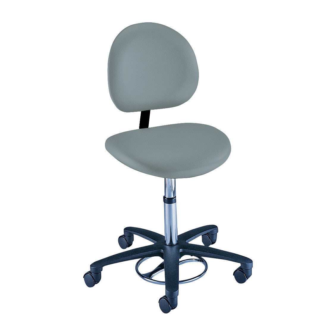 Brewer Foot-Operated Millenium Series Stool with Backrest; gray seat, backrest, chrome base with foot ring, five wheels.