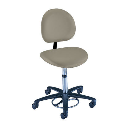 Brewer Foot-Operated Millenium Series Stool with Backrest, featuring a gray cushion, black frame, and caster wheels.