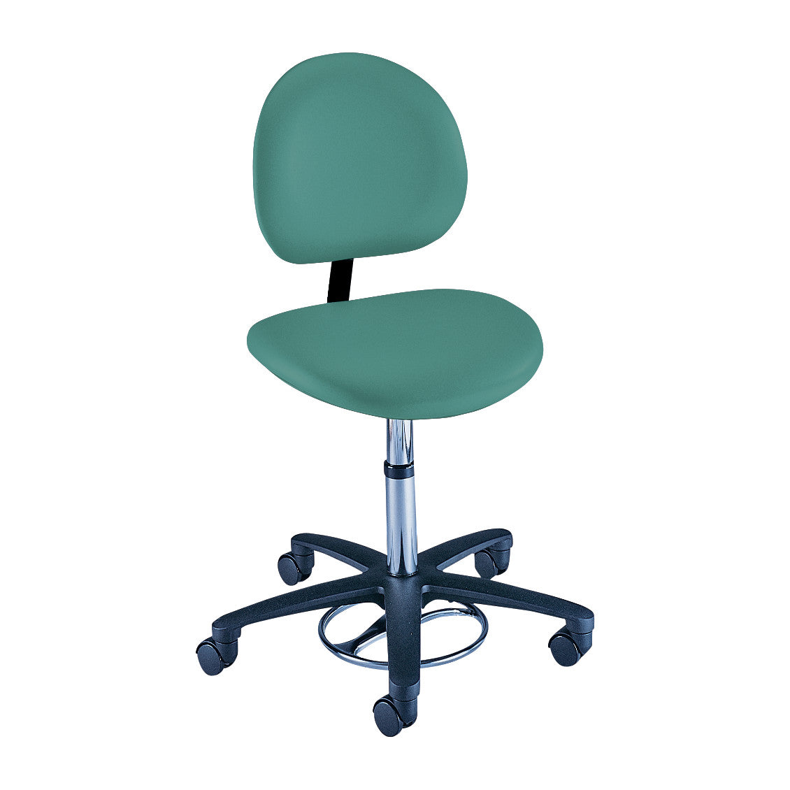 Brewer Foot-Operated Millenium Series Stool with Backrest, featuring a teal seat and backrest, on a five-wheel base.