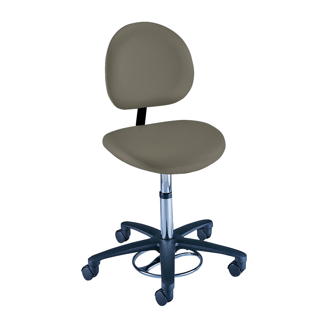 Brewer Foot-Operated Millenium Series Stool with Backrest features a gray seat and backrest, chrome base, and black casters.