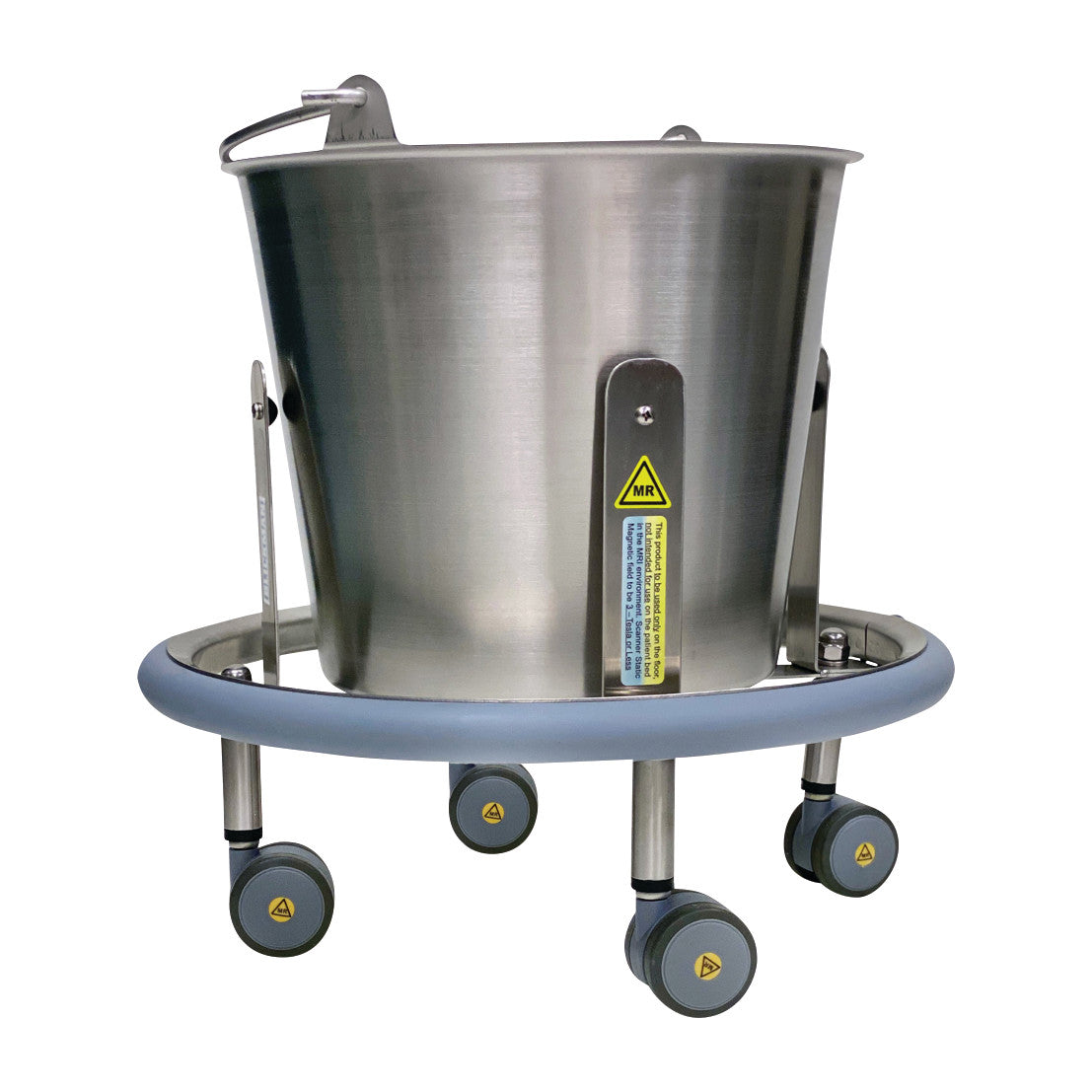 Blickman MR-Conditional Stainless Steel Lenox Kickbucket with Pail features a metal bucket on a wheeled base with safety labels.