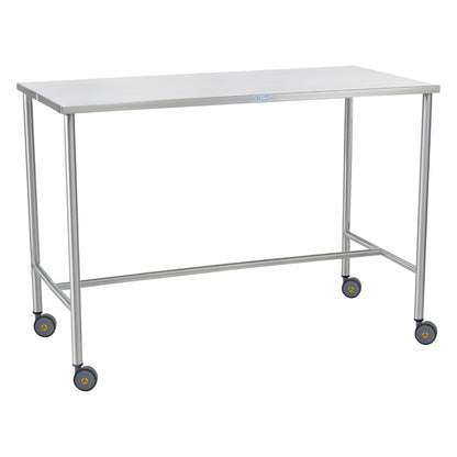 The Blickman MR-Conditional Sawyer Instrument Table is a stainless steel table on wheels with a simple, rectangular design.