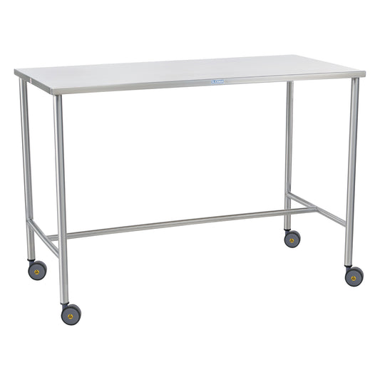 The Blickman MR-Conditional Sawyer Instrument Table is a stainless steel table on wheels with a simple, rectangular design.