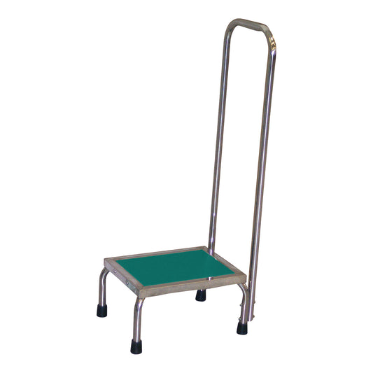 MRI Nonmagnetic Single Step Stool with a green platform and metal frame. It has four legs with rubber feet and a sturdy handle.