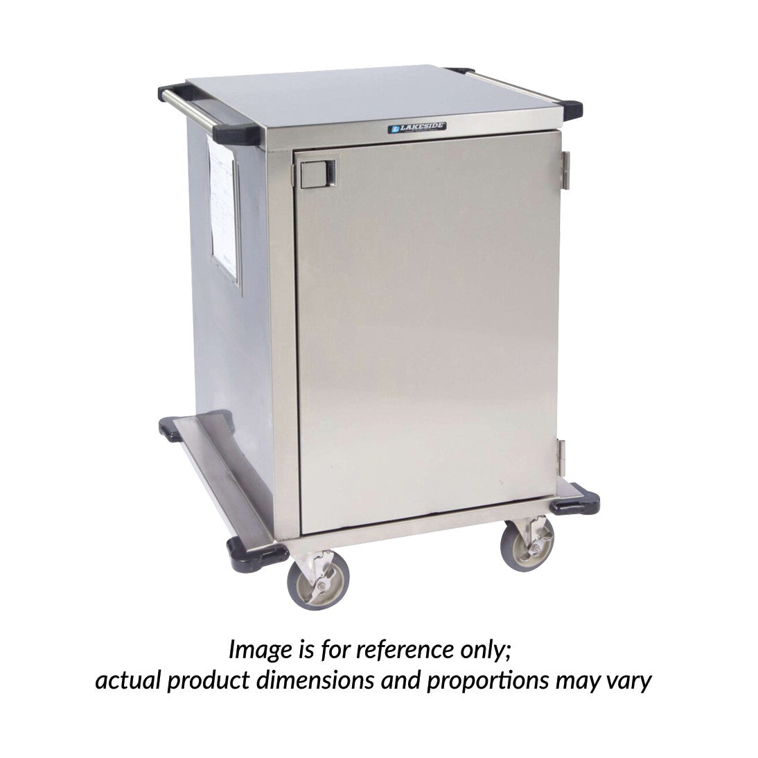 Lakeside Stainless Steel Case Cart with wheels, featuring a hinged door and handle, designed for storage and transport.