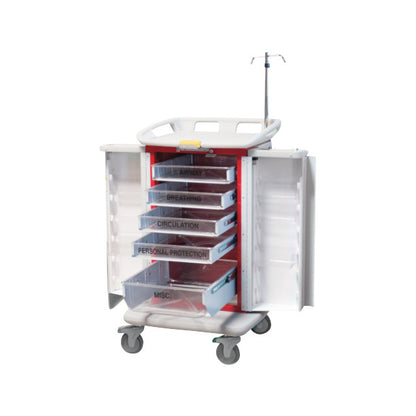 Waterloo Healthcare ER2000 Instant Access Emergency Cart with open drawers labeled for medical supplies, featuring an IV pole.