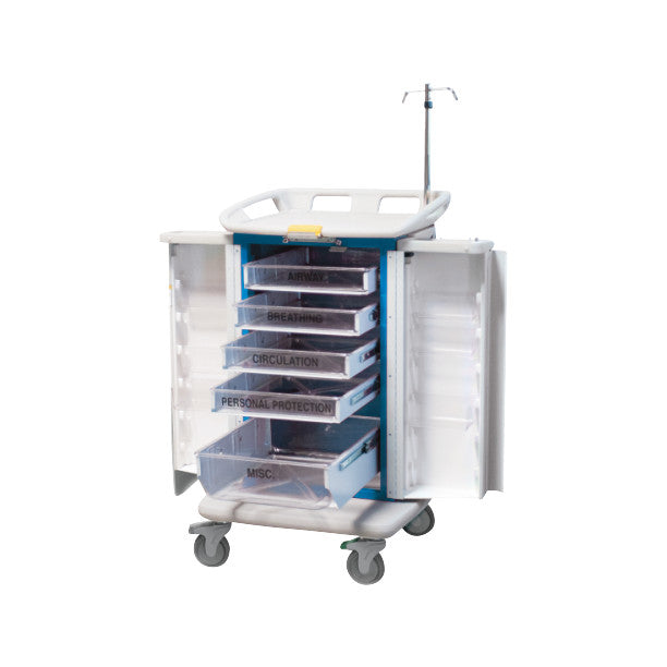Waterloo Healthcare ER2000 Instant Access Emergency Cart with labeled drawers for airway, breathing, and personal protection, on wheels.
