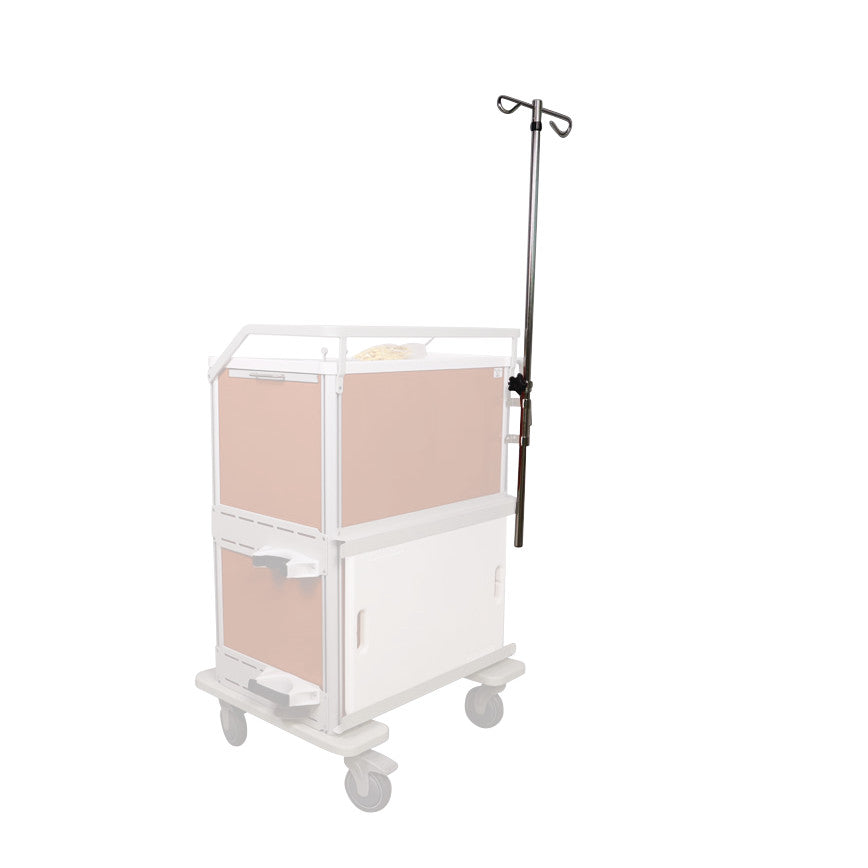 A Waterloo Healthcare Medical Cart Accessory: IV Pole and Bracket is attached to a medical cart with wheels and storage compartments.