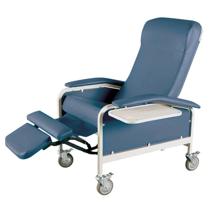 Winco Drop Arm Care Cliner, a blue reclining medical chair on wheels with adjustable leg rests and drop-down armrests.