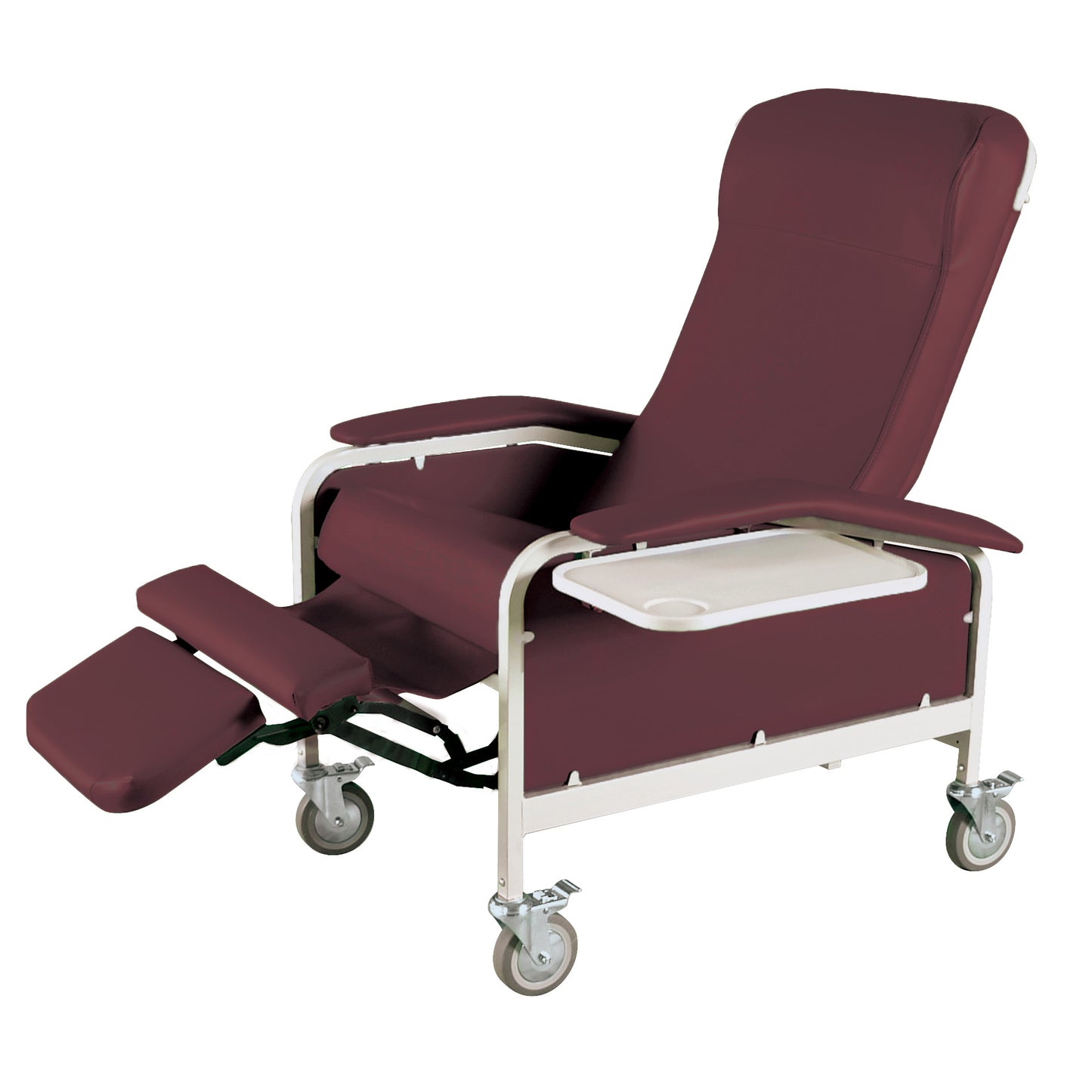Winco Drop Arm Care Cliner in maroon features a reclining back, adjustable footrest, tray table, and wheels for mobility.