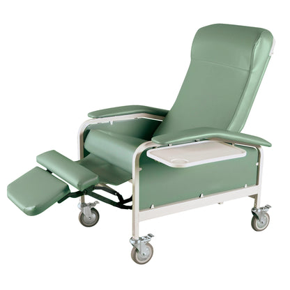 Winco Drop Arm Care Cliner in green with foldable leg rest, drop-down arms, and attached tray, featuring wheels for mobility.