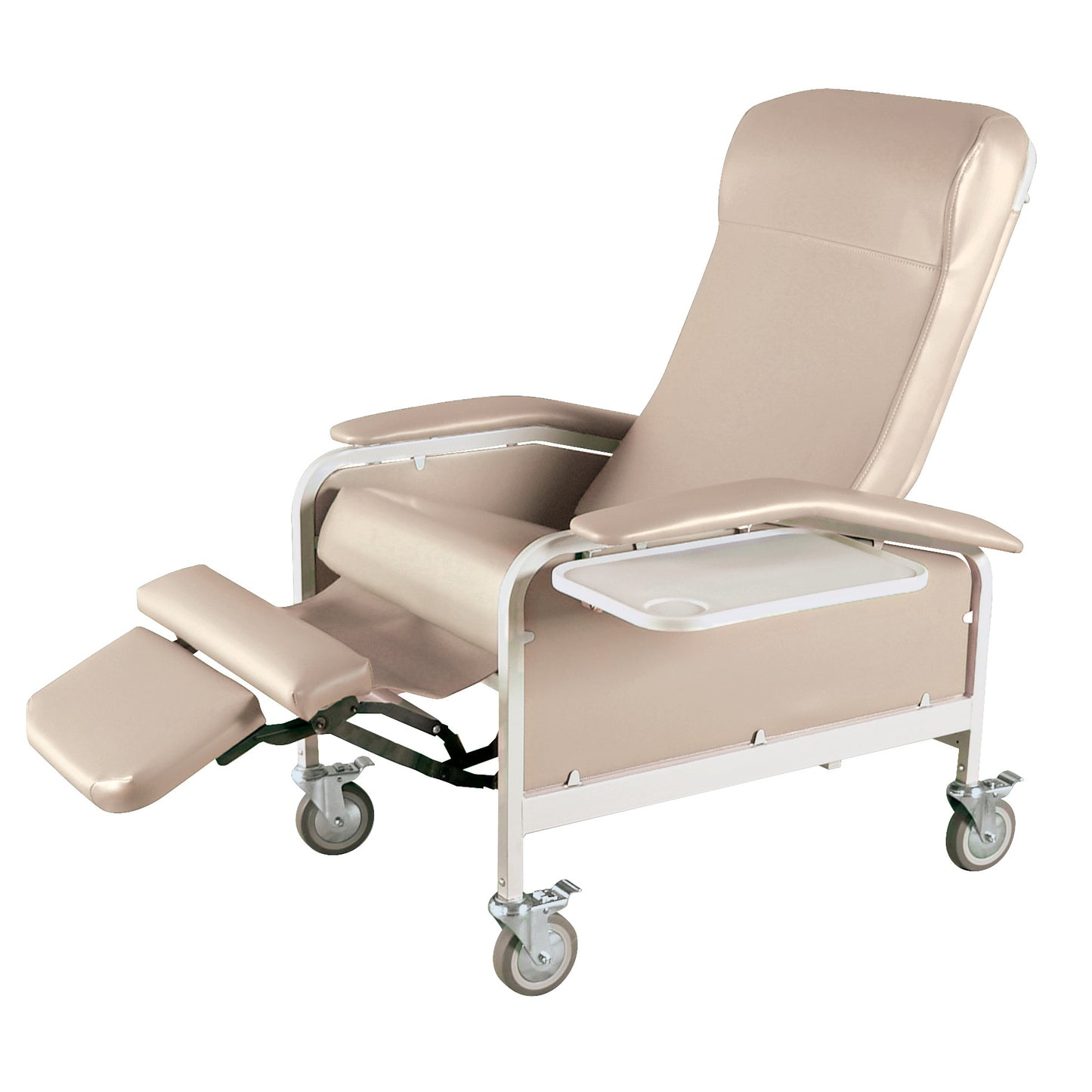 The Winco Drop Arm Care Cliner features a padded seat, backrest, leg rest, armrests, and four wheels for mobility.