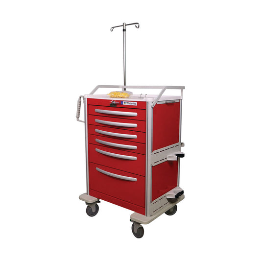 A red Waterloo Healthcare Standard Accessory Package for Steel Emergency Medical Carts with multiple drawers and an IV pole on wheels.
